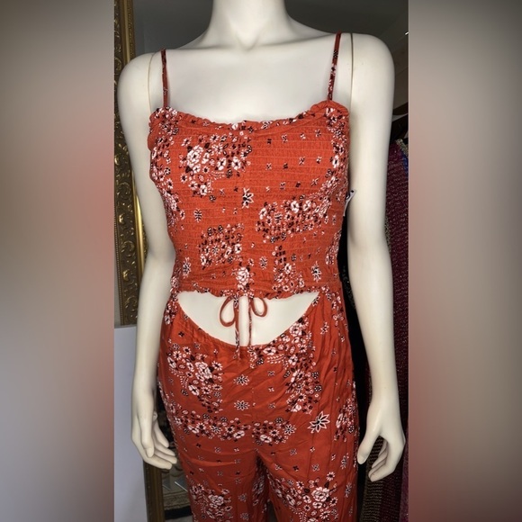 Derek Heart Jumpsuit Ruched Rust Floral Adjustable Pantsuit w Adjustable Top 🆕 - Picture 7 of 12